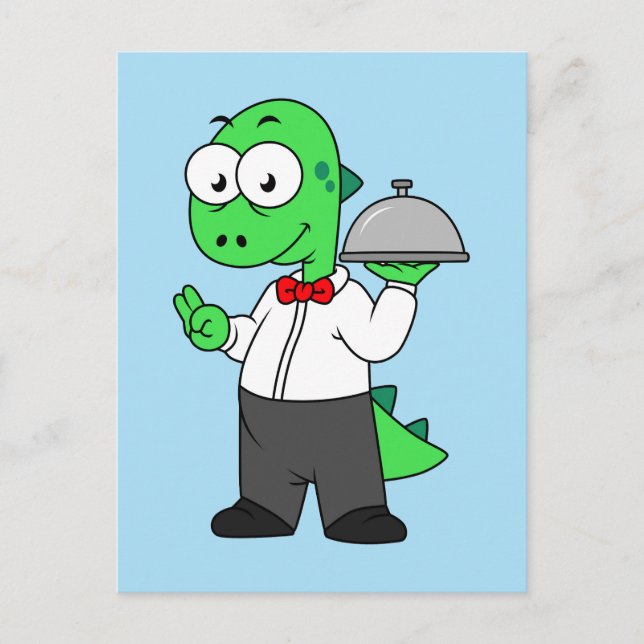 Postal Ilustración de un camarero de comida Tyrannosaurus (Anverso)