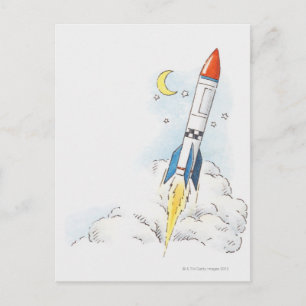 Postal Ilustracion de un cohete despegando