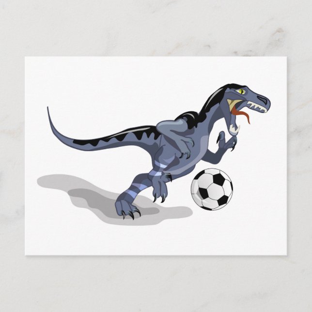 Postal Ilustracion De Un Dinosaurio Raptor Jugando Fútbol (Anverso)