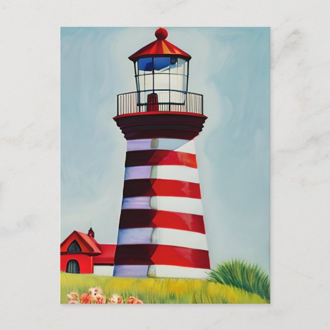 Postal Ilustración de un faro a rayas rojas y blancas (Anverso)