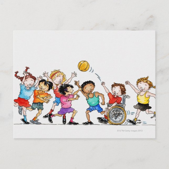 Postal Ilustracion de un grupo de niños, incluido un (Anverso)