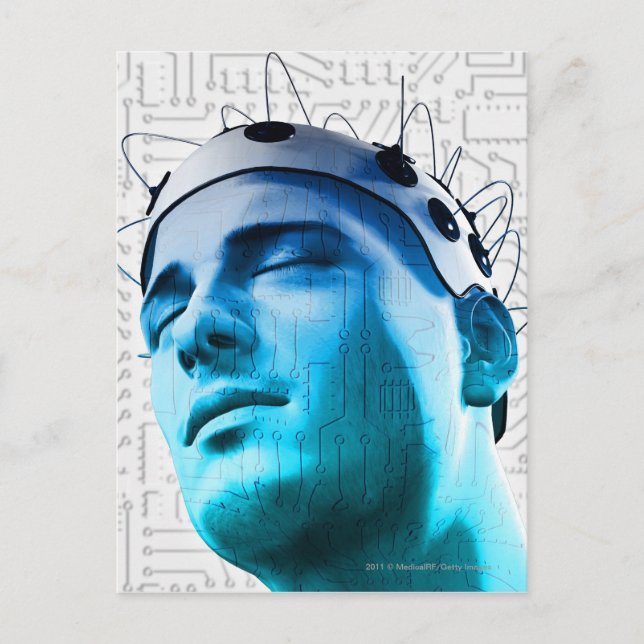 Postal Ilustracion de un hombre con una tapa de electrodo (Anverso)