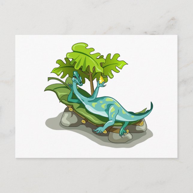 Postal Ilustración de un Iguanodon tomando el sol. (Anverso)