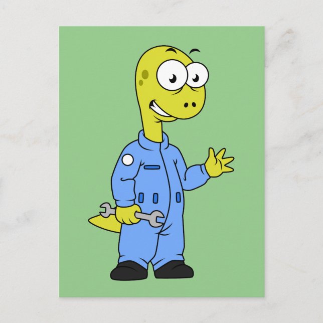 Postal Ilustracion De Un Mecánico De Brontosauro. (Anverso)
