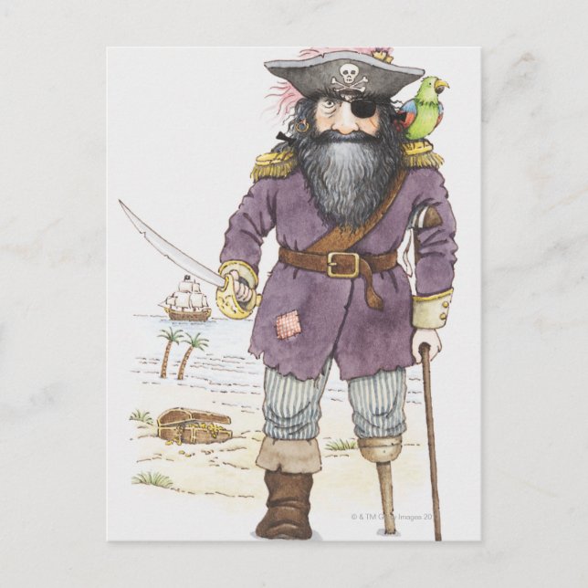 Postal Ilustracion de un pirata con loro encaramado (Anverso)