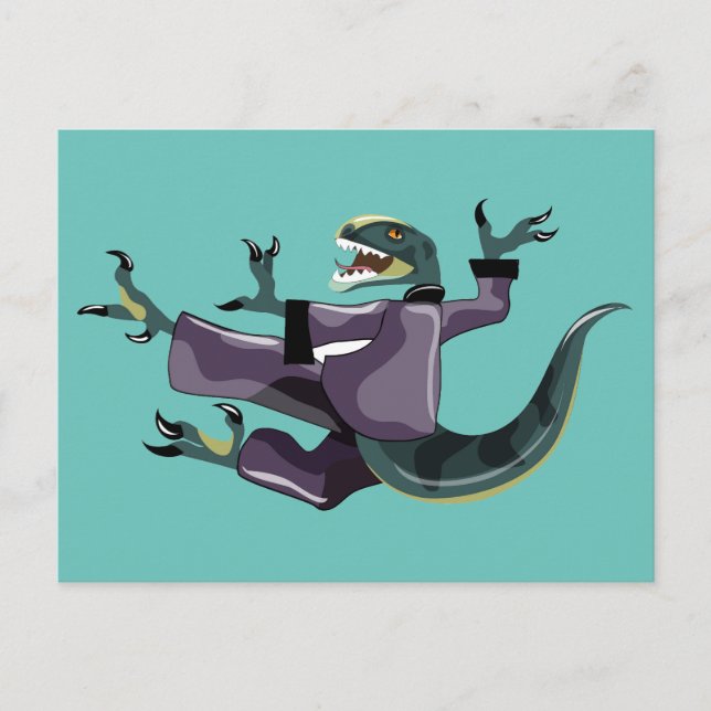 Postal Ilustracion De Un Raptor Que Realiza Karate. (Anverso)