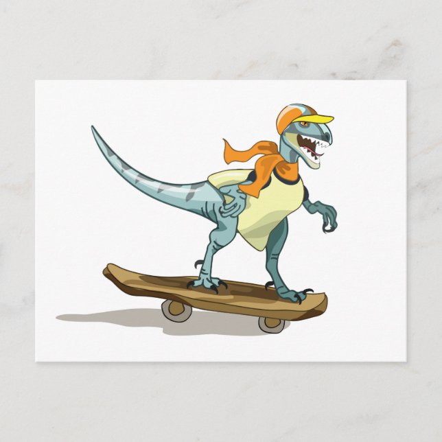 Postal Ilustracion De Un Skateboarding Raptor. (Anverso)