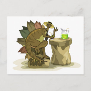 Postal Ilustración de un Stegosaurus bebiendo una bebida.