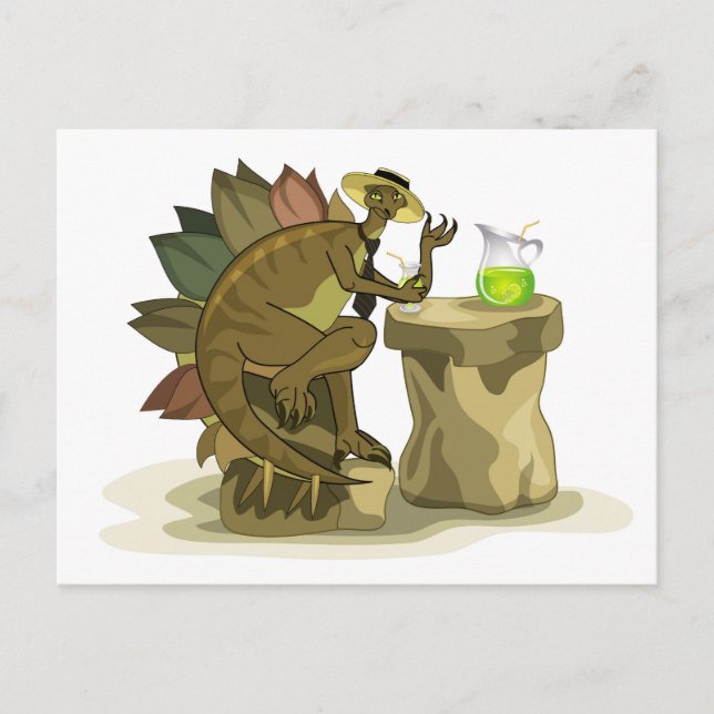 Postal Ilustración de un Stegosaurus bebiendo una bebida. (Anverso)