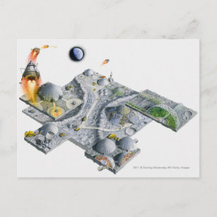 Postal Ilustracion de una base futurista en la Luna