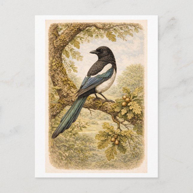 Postal Ilustración de Urraca de Estilo Antiguo (Anverso)