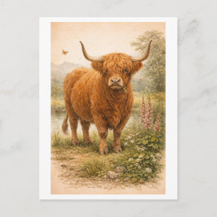 Postal Ilustración de vaca de las Highlands de estilo vin