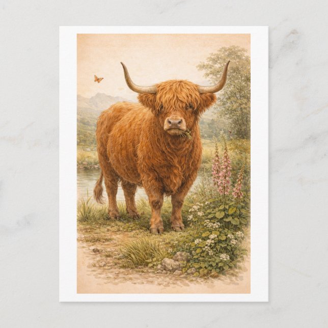 Postal Ilustración de vaca de las Highlands de estilo vin (Anverso)
