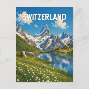 Postal Ilustración de vaca de Suiza Arte de viaje retro