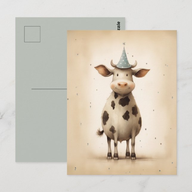 Postal Ilustracion de vaca feliz (Anverso / Reverso)