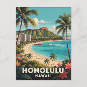 Postal Ilustración de viaje a Honolulu Hawaii Diamond Hea
