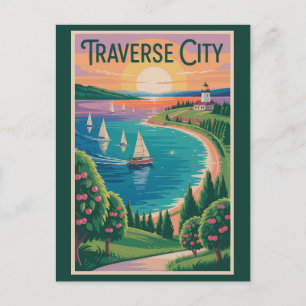 Postal Ilustración de viaje a Traverse City Lago Michigan