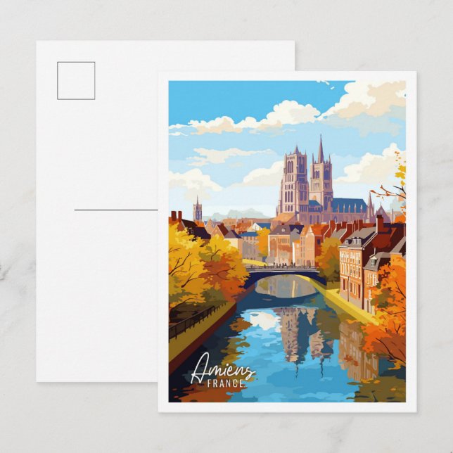 Postal Ilustracion de viaje artístico Amiens France (Anverso / Reverso)