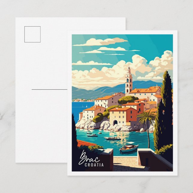 Postal Ilustracion de viaje artístico de Brac Croatia (Anverso / Reverso)