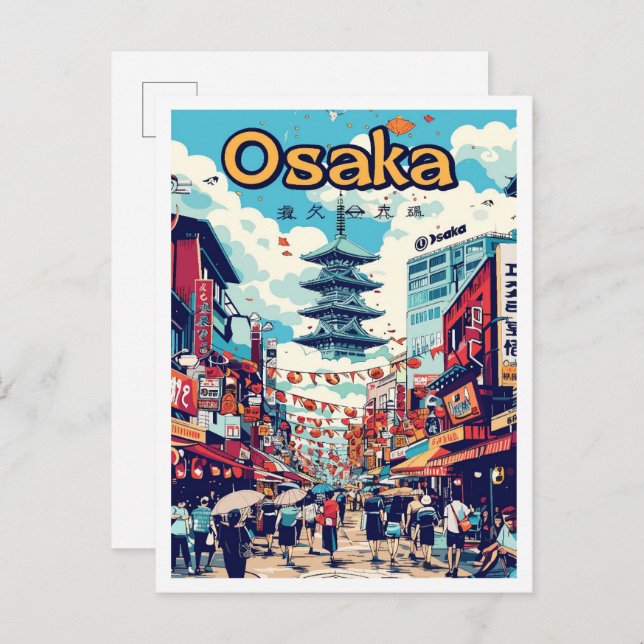 Postal Ilustracion de viaje artístico japonés Osaka (Anverso / Reverso)
