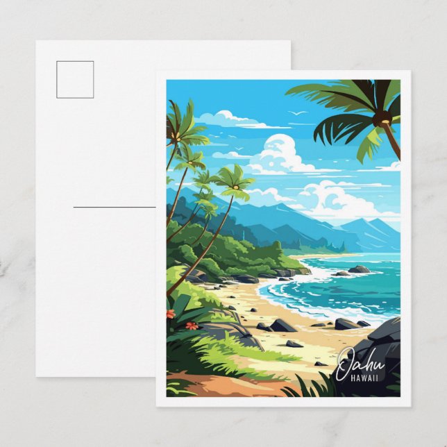 Postal Ilustracion de viaje artístico Oahu Hawaii USA (Anverso / Reverso)