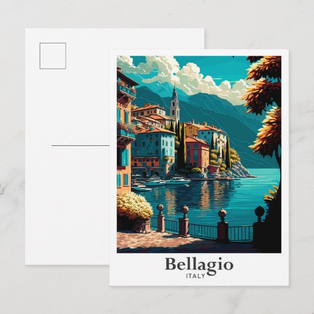 Postal Ilustracion de Viaje Bellagio Italia Art Vintage (Anverso / Reverso)