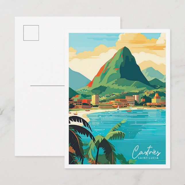 Postal Ilustracion de Viaje Castries Saint Lucia Vintage (Anverso / Reverso)