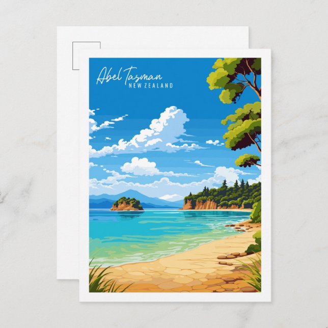 Postal Ilustracion de viaje de Abel Tasman en Nueva Zelan (Anverso / Reverso)