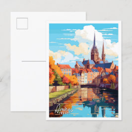 Postal Ilustracion de viaje de Amiens France vintage