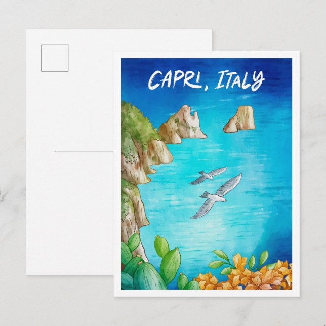 Postal Ilustracion de viaje de arte acuarela de Capri Ita (Anverso / Reverso)