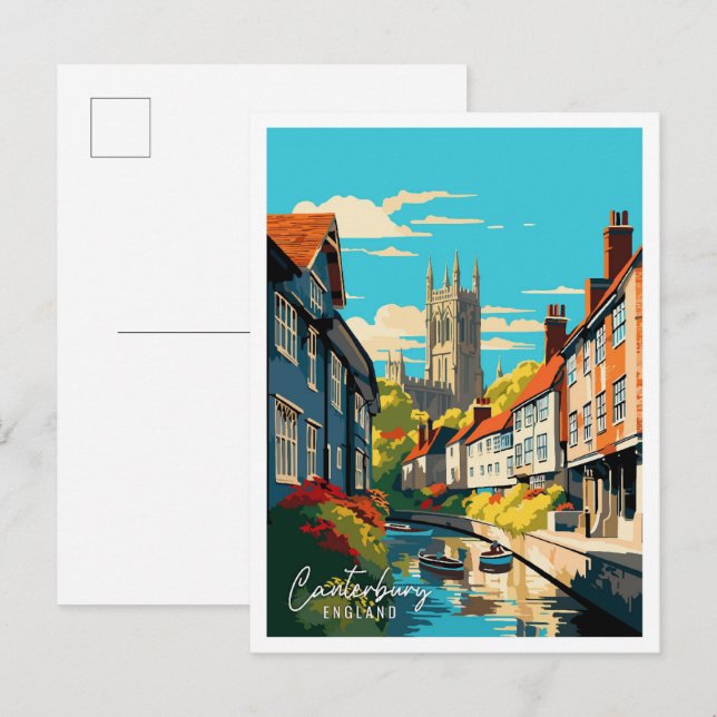 Postal Ilustracion de viaje de arte Canterbury England (Anverso / Reverso)