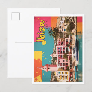 Postal Ilustración de viaje de arte pop de Ibiza España