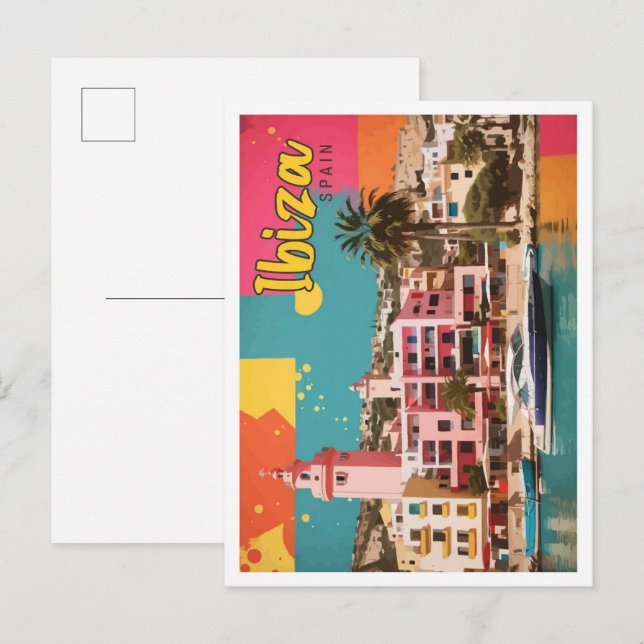 Postal Ilustración de viaje de arte pop de Ibiza España (Anverso / Reverso)