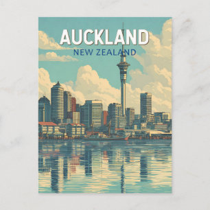 Postal Ilustración de viaje de arte retro de Auckland Nue