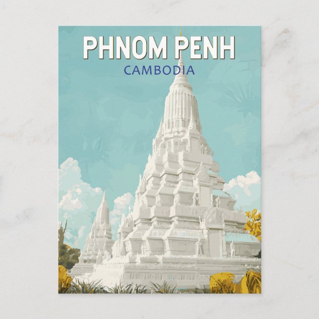 Postal Ilustración de viaje de arte retro de Phnom Penh C (Anverso)