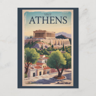 Postal Ilustración de viaje de arte vintage de Atenas Gre