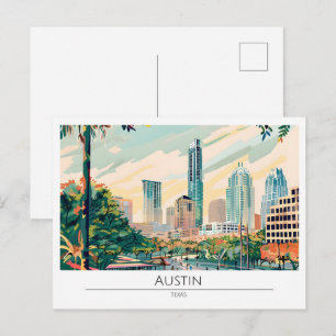 Postal Ilustración de viaje de arte vintage de Austin Tex