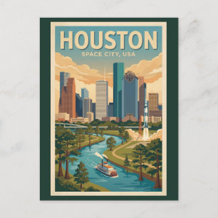 Postal Ilustración de viaje de arte vintage de Houston Te