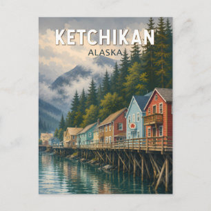 Postal Ilustración de viaje de arte vintage de Ketchikan 