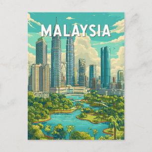 Postal Ilustración de viaje de arte vintage de Malasia