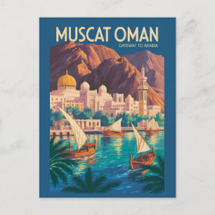 Postal Ilustración de viaje de arte vintage de Mascate Om