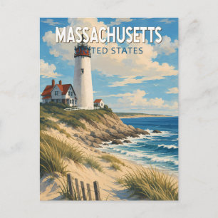 Postal Ilustración de viaje de arte vintage de Massachuse