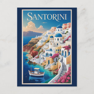 Postal Ilustración de viaje de arte vintage de Santorini 