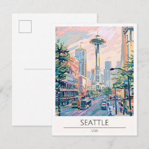 Postal Ilustración de viaje de arte vintage de Seattle EE
