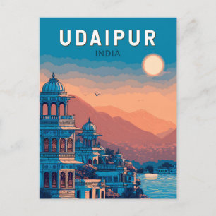 Postal Ilustración de viaje de arte vintage de Udaipur In