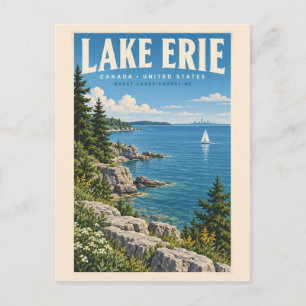 Postal Ilustración de viaje de arte vintage del lago Erie