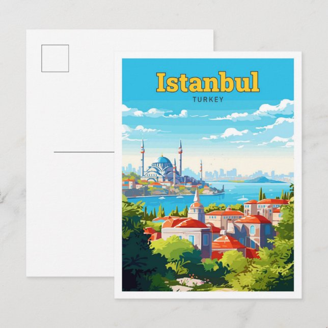 Postal Ilustracion de viaje de Estambul Turquía (Anverso / Reverso)