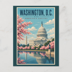 Postal Ilustración de viaje de flores de cerezo de Washin