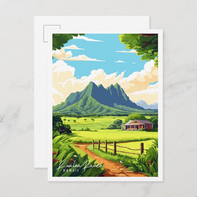Postal Ilustracion de viaje de Kualoa Ranch Hawaii (Anverso / Reverso)