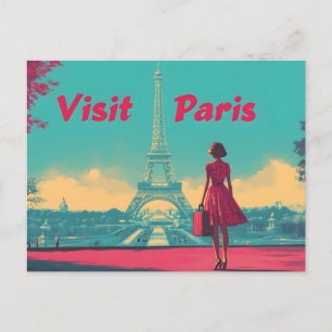 Postal Ilustración de viaje de la Torre Eiffel retro en p
